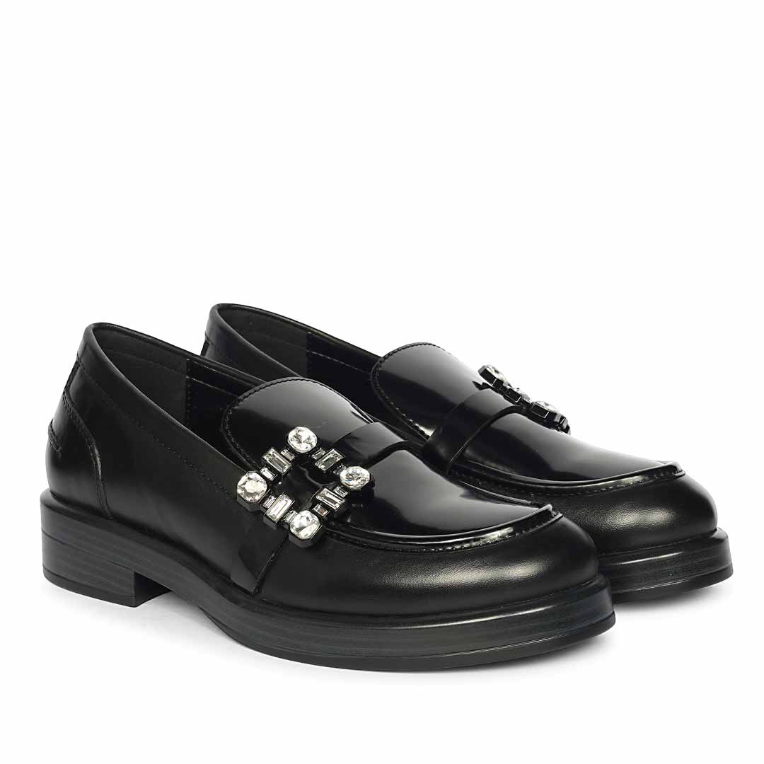 Saint Rue Crystal Buckle Black Abrasivato Leather Moccasins - Image 2