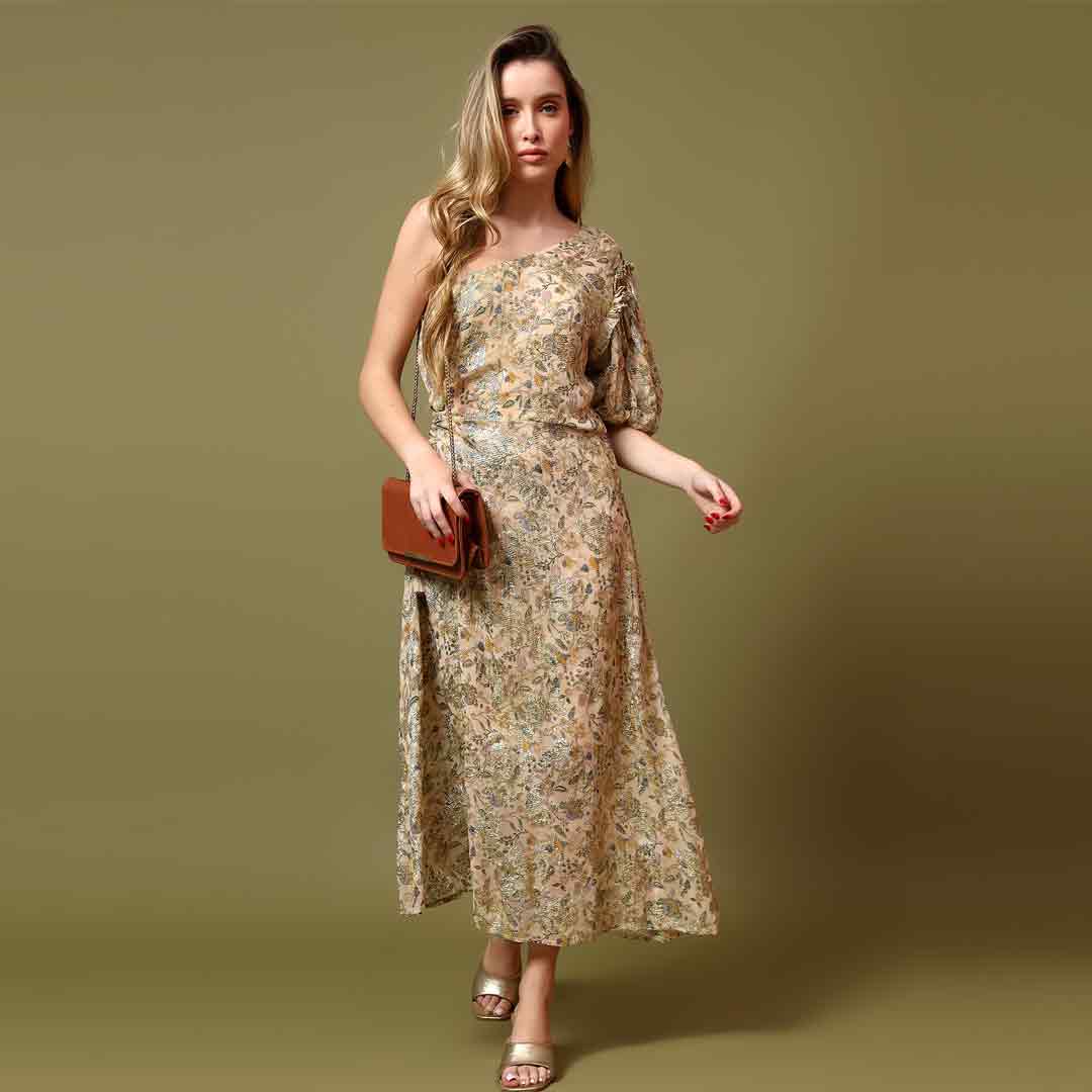 Saint Womens Beige Floral Printed One-Shoulder Maxi Dress - Image 3