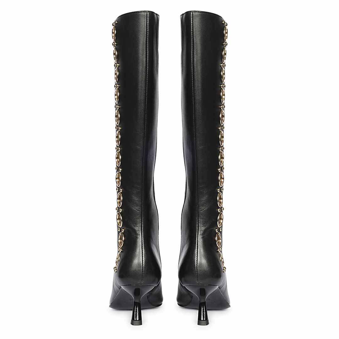 Saint Sadie Gold Metal Muse Black Leather Tall Boots - Image 4