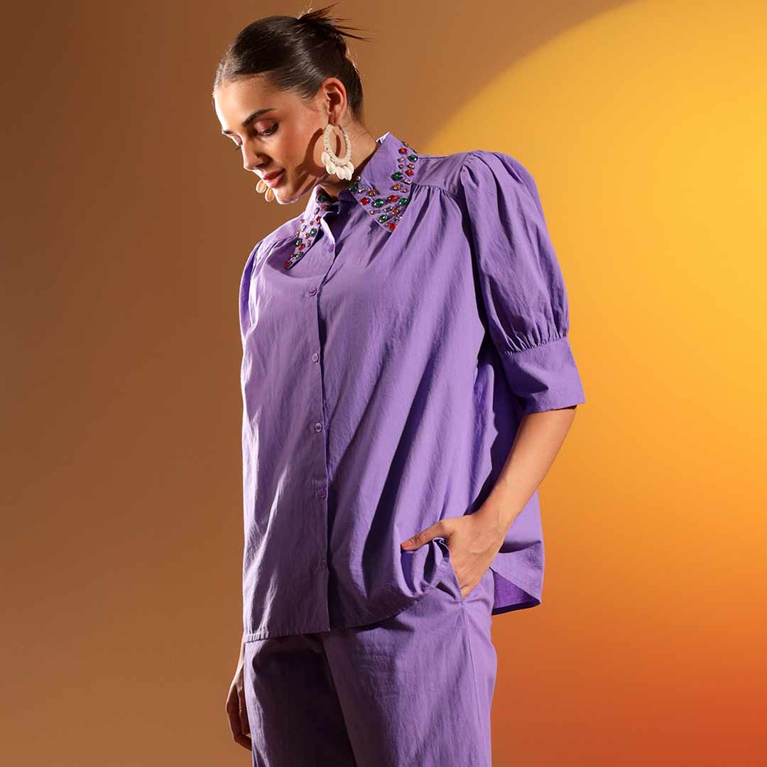 Saint Womens Amethyst Embellished Cotton Shirt - Image 2