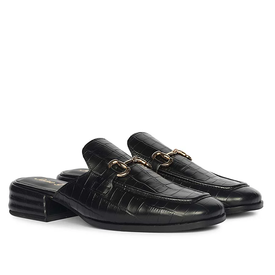 Saint Savannah Croc Embossed Black Leather Horsebit Moccasins - Image 2