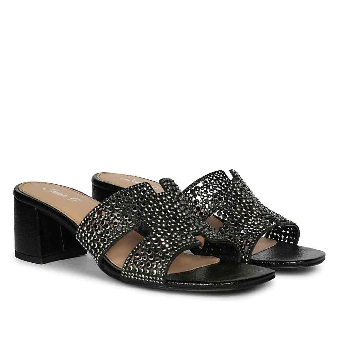 Saint Saylor Crystal Black Leather Block Heels - Image 2