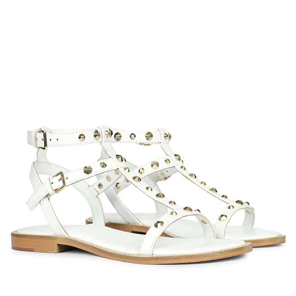 Saint Scarletta Gold Studs White Leather Sandals - Image 3