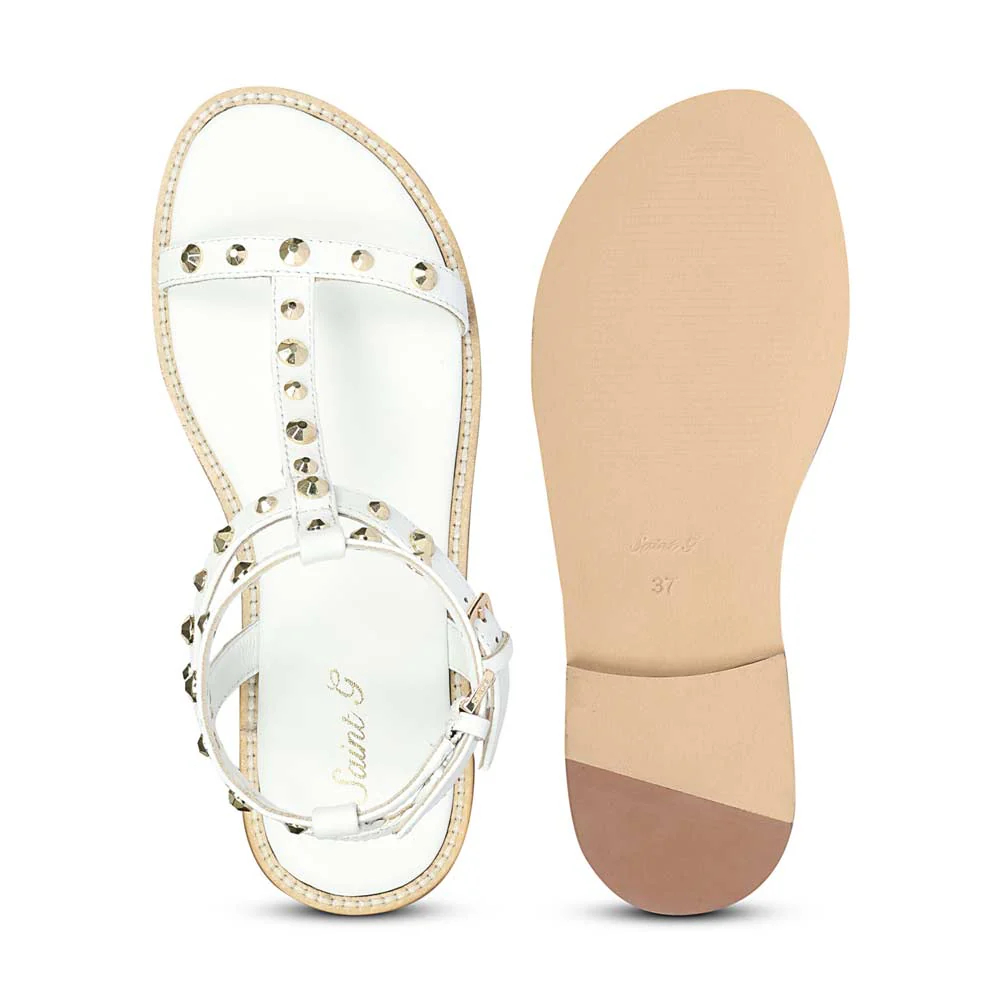 Saint Scarletta Gold Studs White Leather Sandals - Image 8