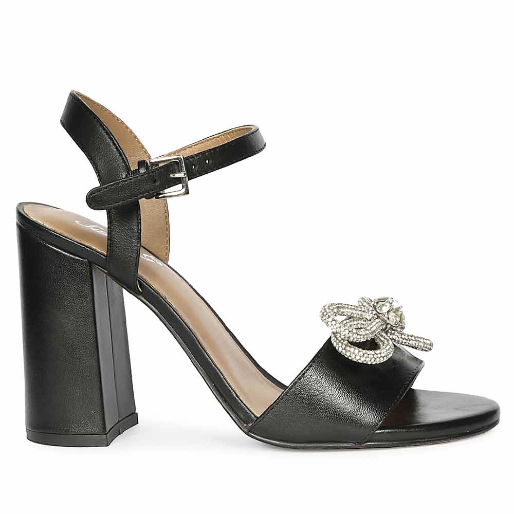Saint Shay Crystal Bow Black Leather Block Heels