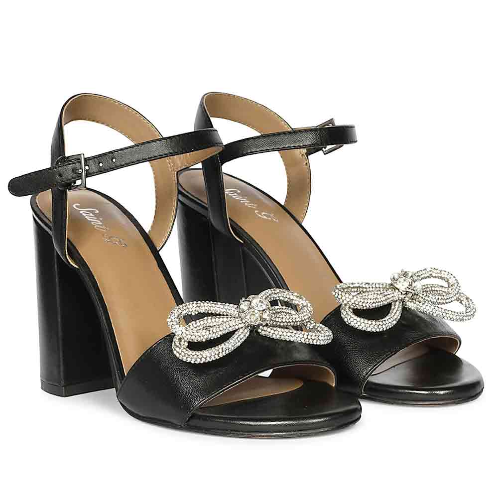Saint Shay Crystal Bow Black Leather Block Heels - Image 2