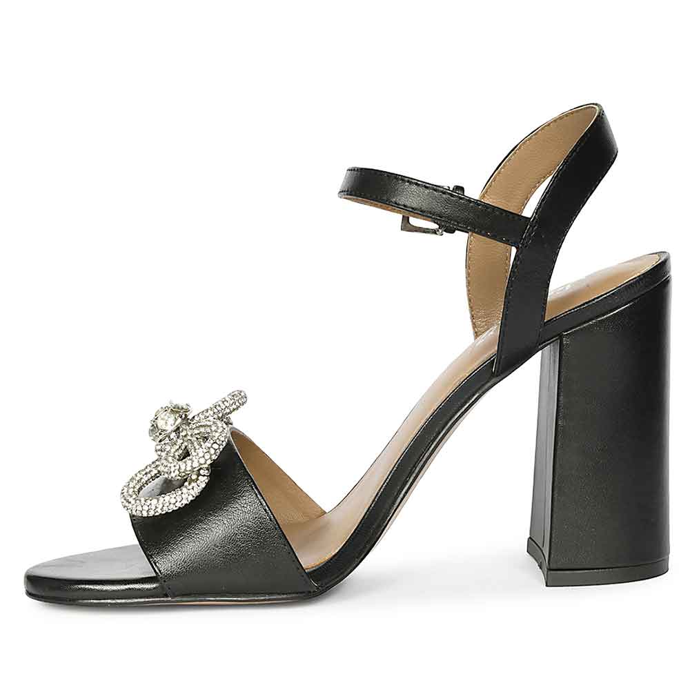 Saint Shay Crystal Bow Black Leather Block Heels - Image 3