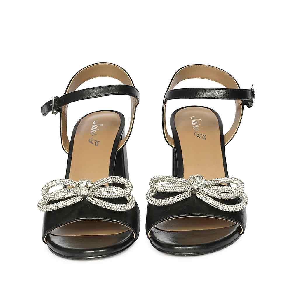 Saint Shay Crystal Bow Black Leather Block Heels - Image 4