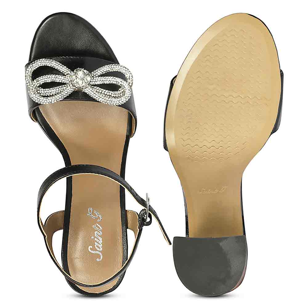 Saint Shay Crystal Bow Black Leather Block Heels - Image 6