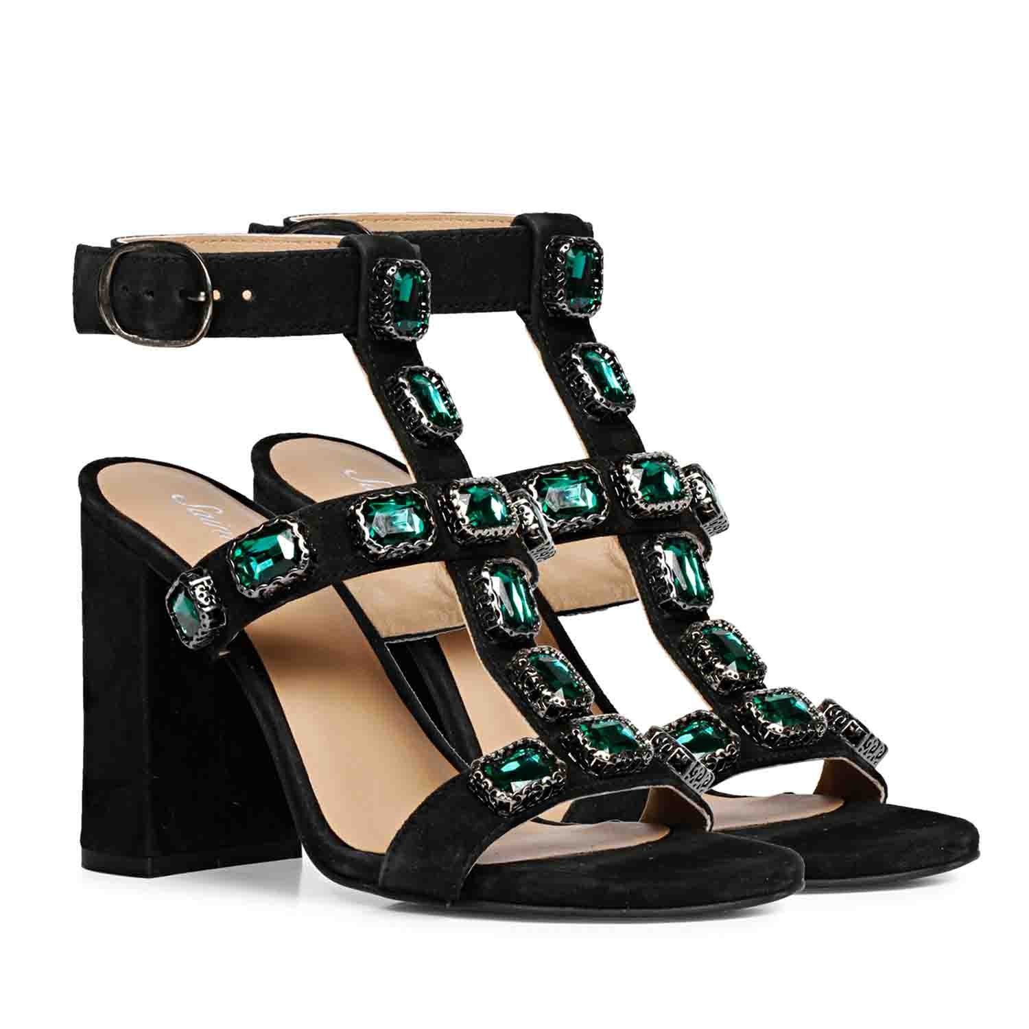 Saint Shirley Green Stone Embellished Black Leather Block Heels - Image 3