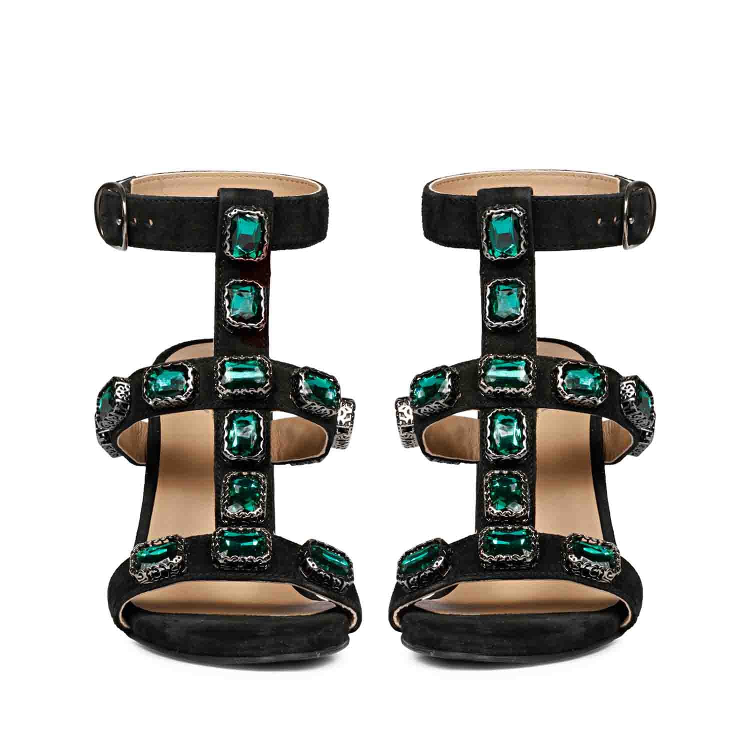 Saint Shirley Green Stone Embellished Black Leather Block Heels - Image 4