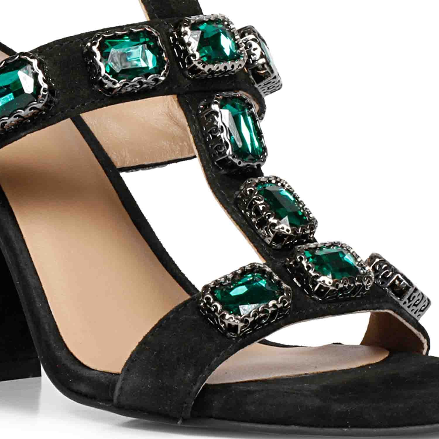 Saint Shirley Green Stone Embellished Black Leather Block Heels - Image 6