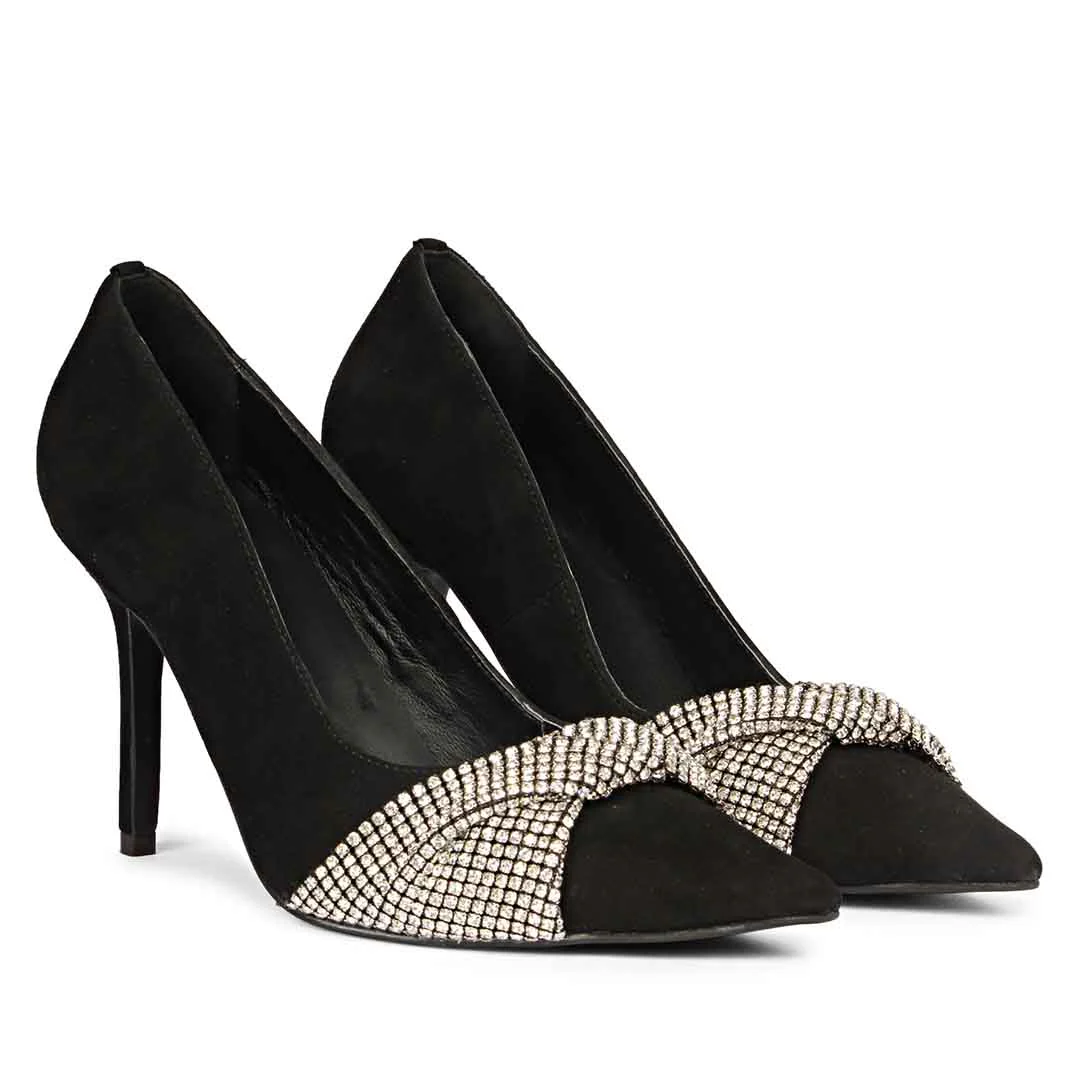 Saint Sienna Silver Stone Bow Embellished Black Leather Pumps - Image 3