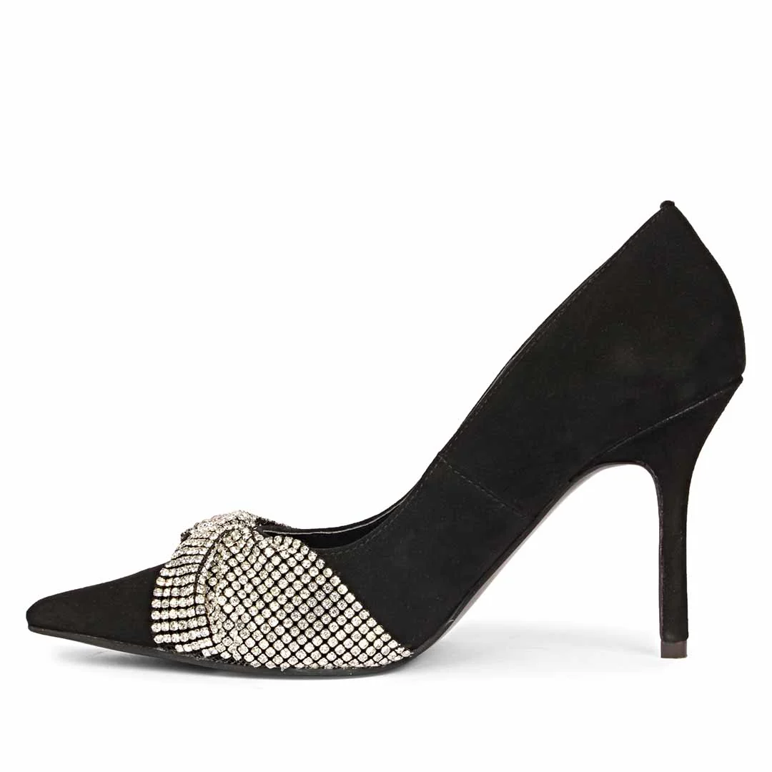 Saint Sienna Silver Stone Bow Embellished Black Leather Pumps - Image 4