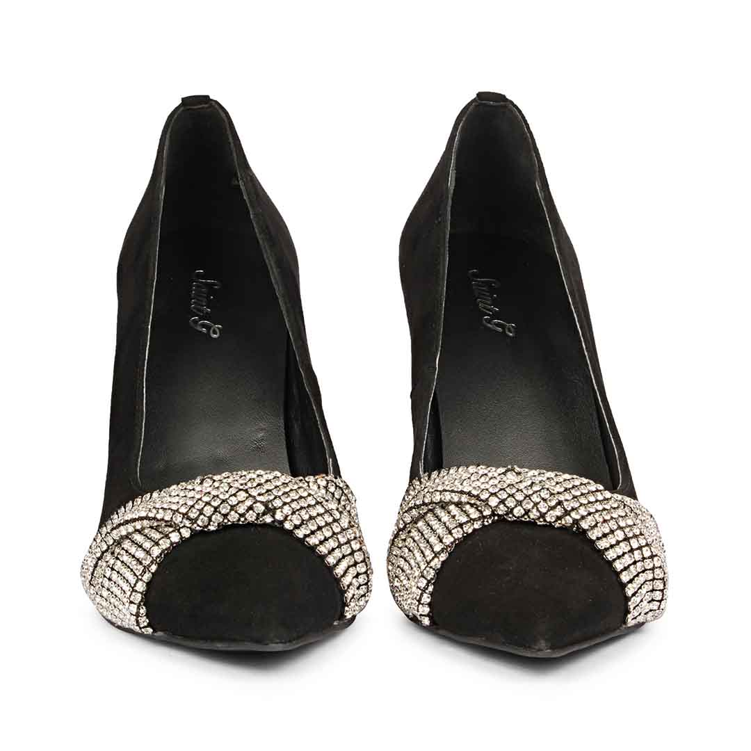 Saint Sienna Silver Stone Bow Embellished Black Leather Pumps - Image 5