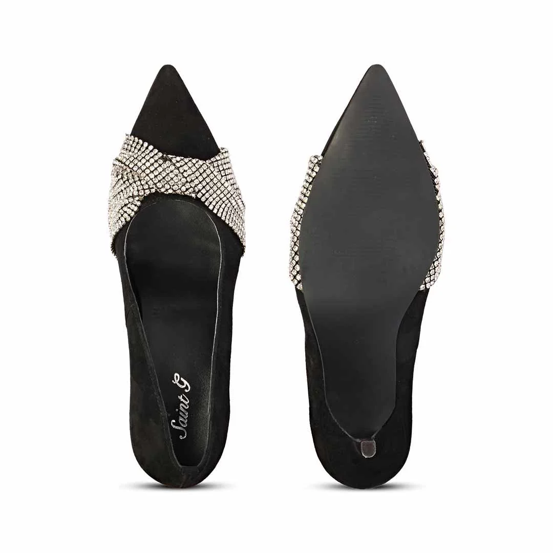 Saint Sienna Silver Stone Bow Embellished Black Leather Pumps - Image 7