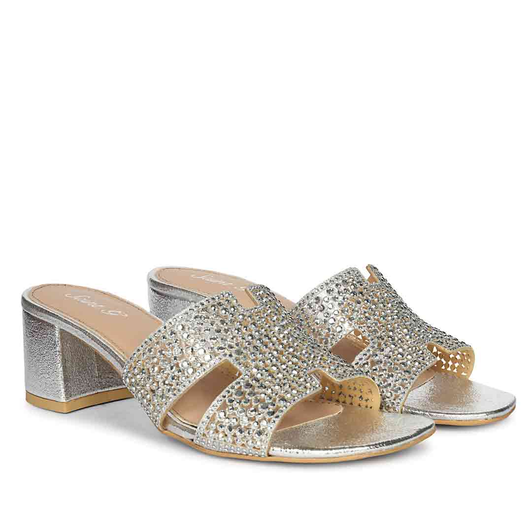 Saint Saylor Crystal Silver Leather Block Heels - Image 2