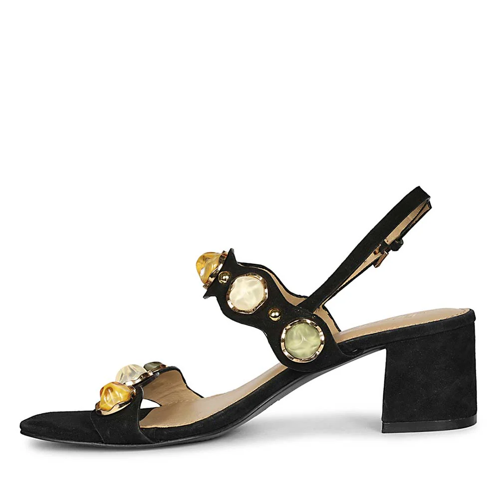 Saint Solira Multi-Stone Black Suede Leather Block Heels - Image 3