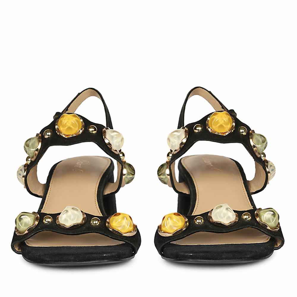 Saint Solira Multi-Stone Black Suede Leather Block Heels - Image 4
