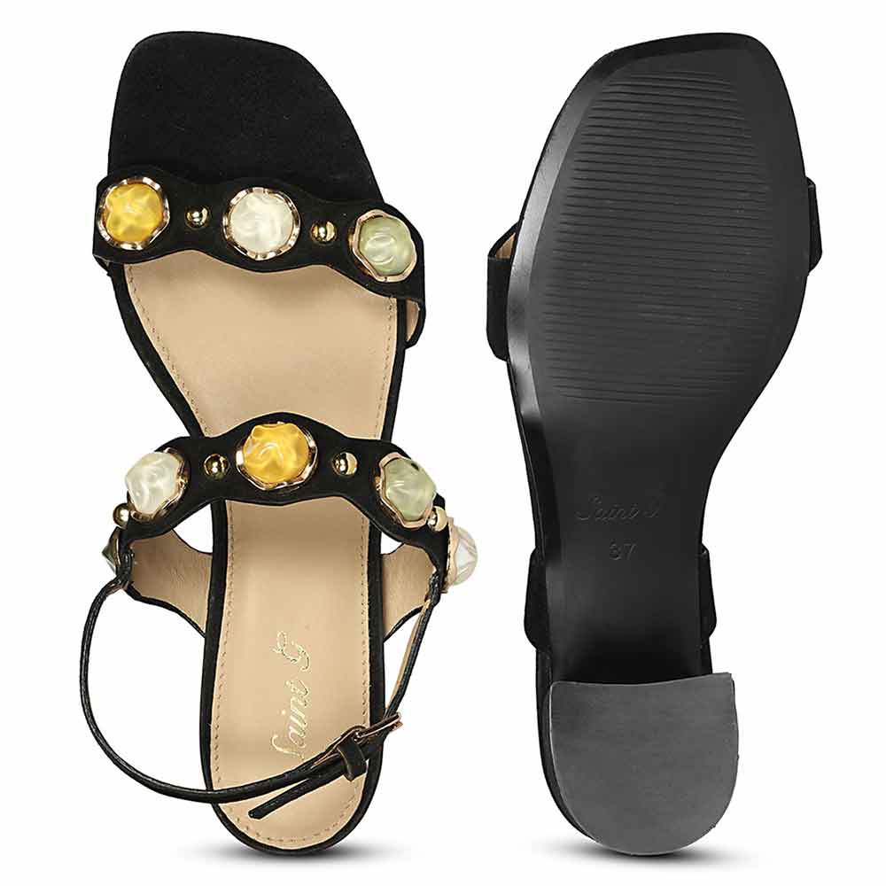 Saint Solira Multi-Stone Black Suede Leather Block Heels - Image 6