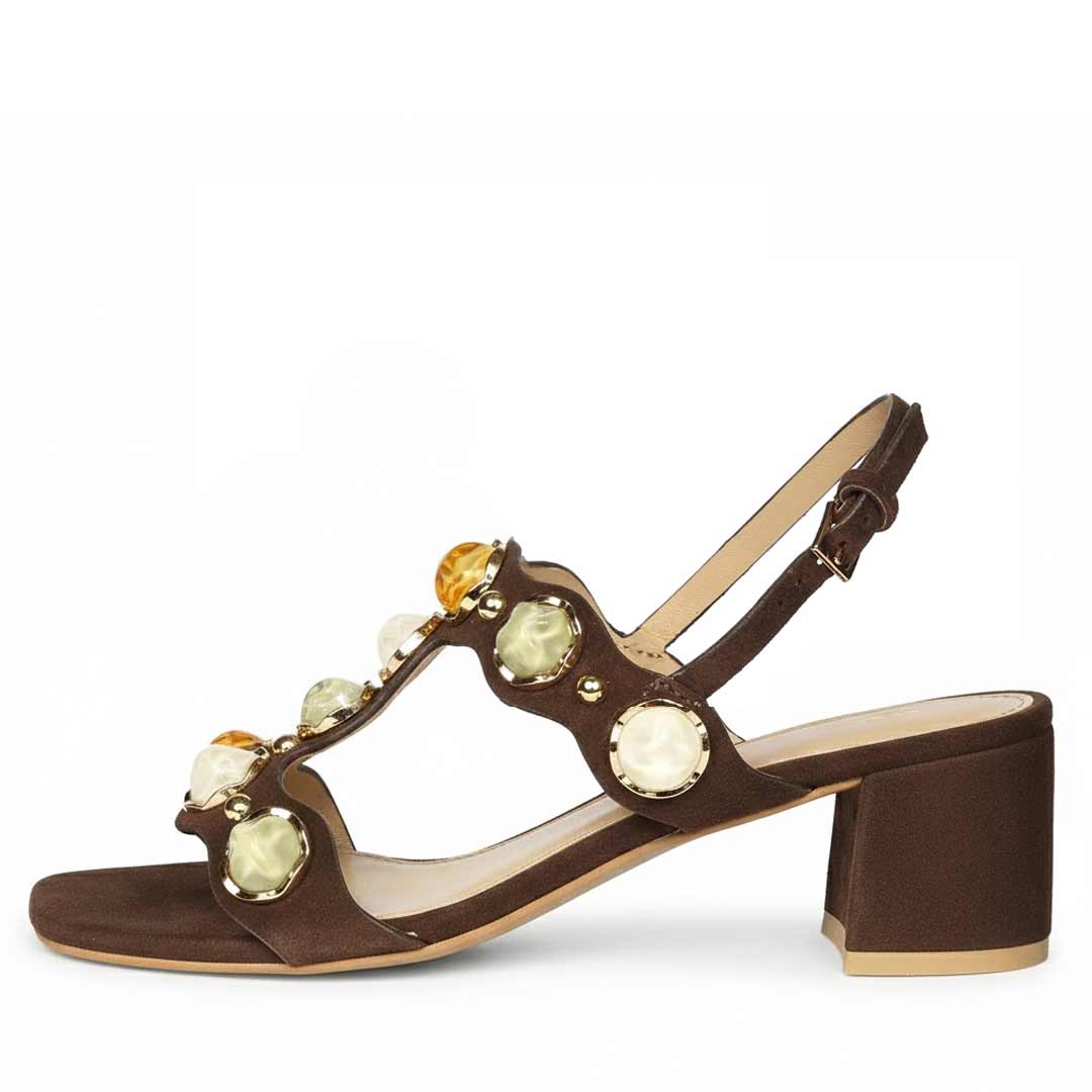 Saint Solira Multi-Stone Brown Suede Leather Block Heels - Image 3