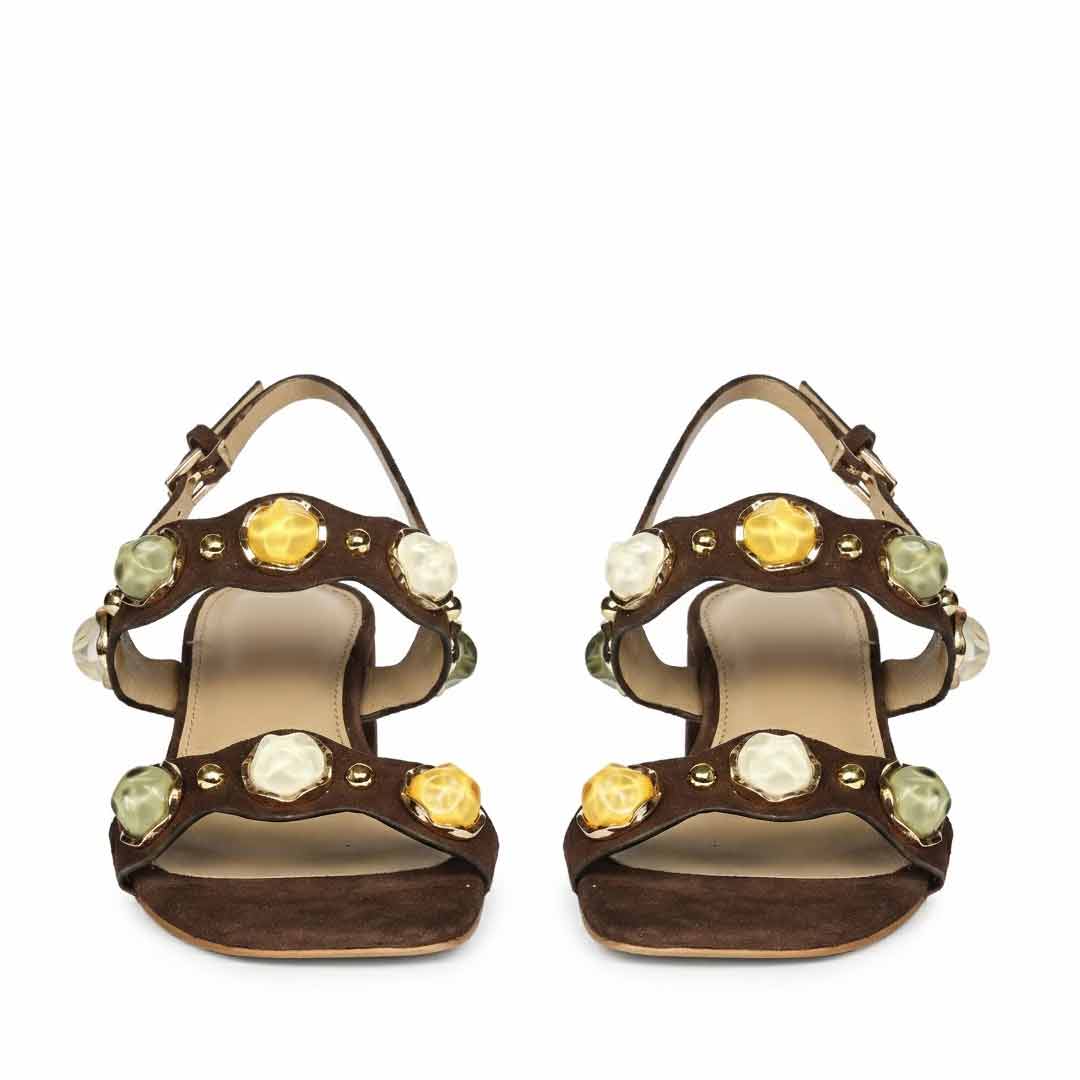 Saint Solira Multi-Stone Brown Suede Leather Block Heels - Image 4