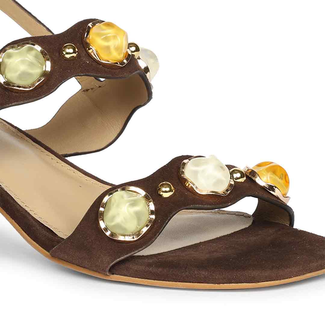 Saint Solira Multi-Stone Brown Suede Leather Block Heels - Image 6