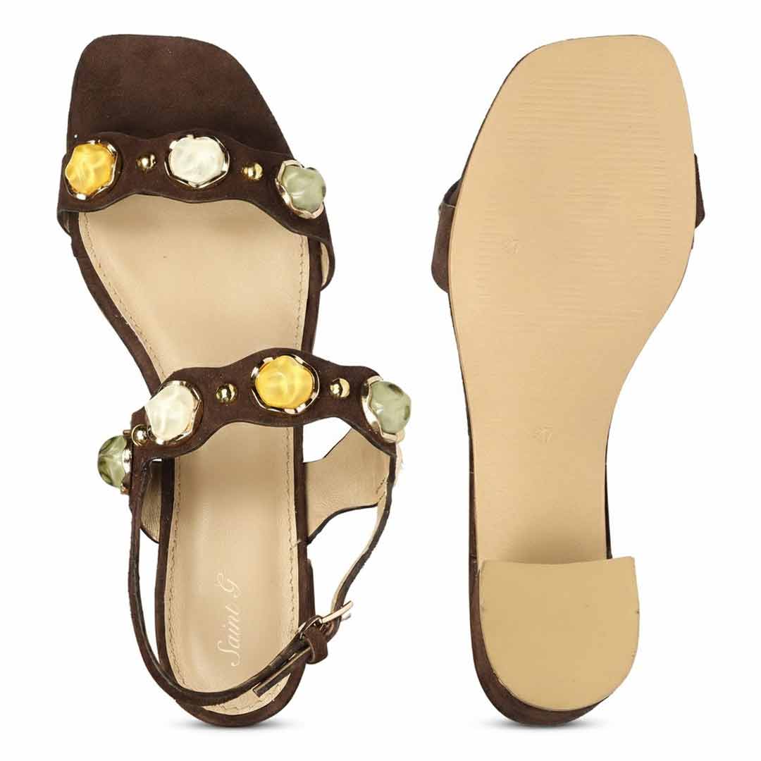 Saint Solira Multi-Stone Brown Suede Leather Block Heels - Image 7