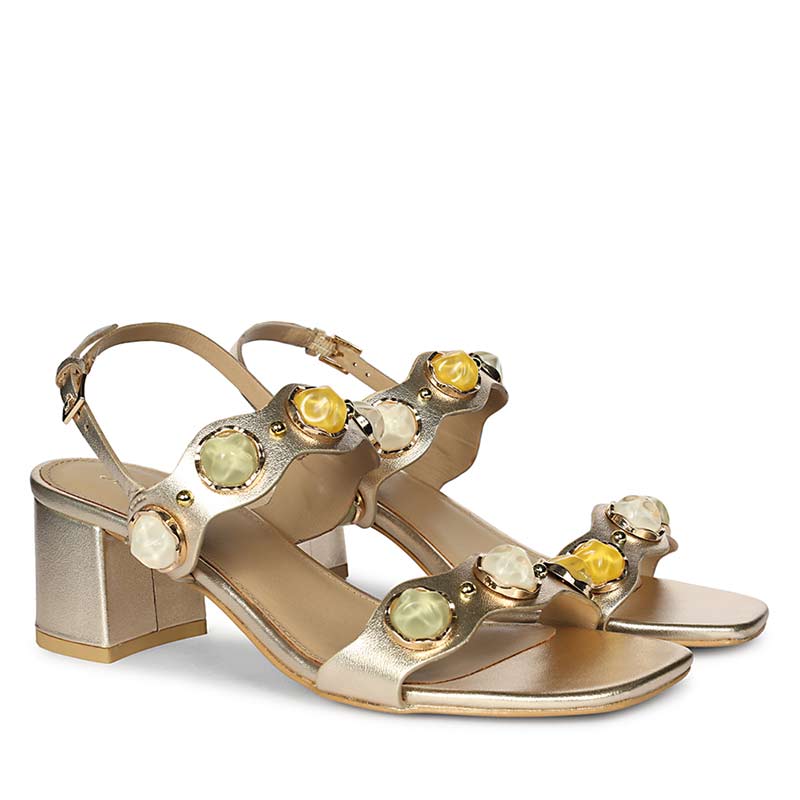 Saint Solira Multi-Stone Metallic Gold Leather Block Heels - Image 3