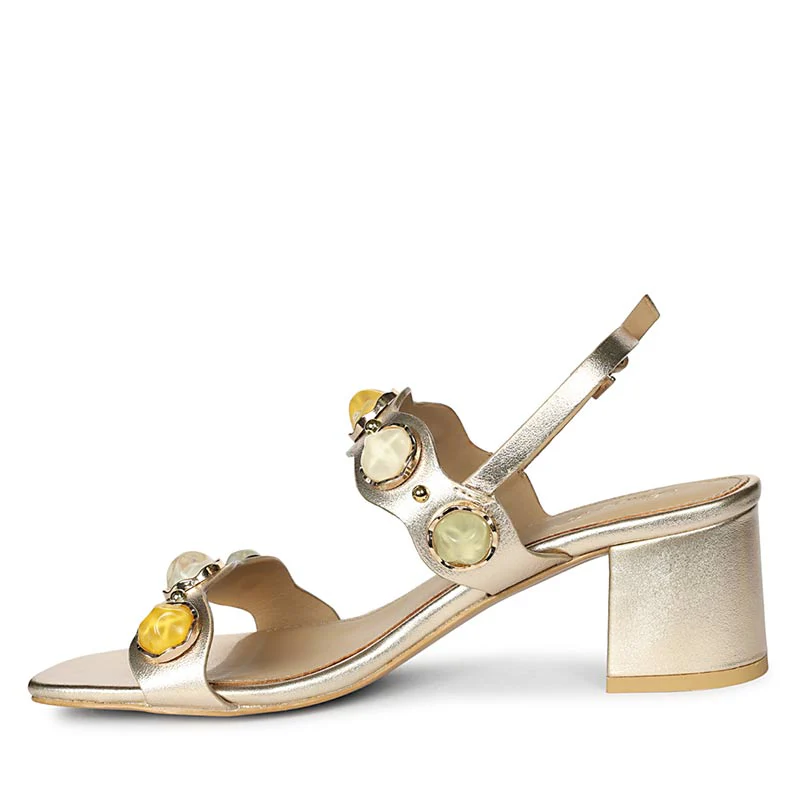 Saint Solira Multi-Stone Metallic Gold Leather Block Heels - Image 4