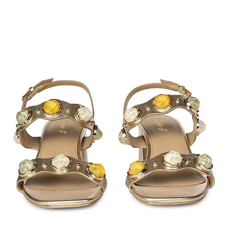 Saint Solira Multi-Stone Metallic Gold Leather Block Heels - Image 5