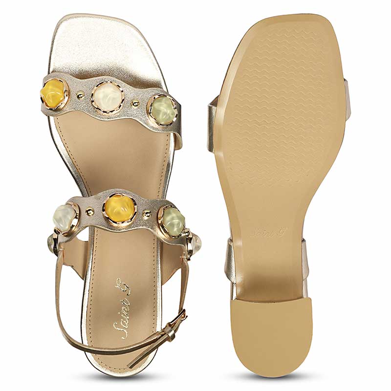 Saint Solira Multi-Stone Metallic Gold Leather Block Heels - Image 7