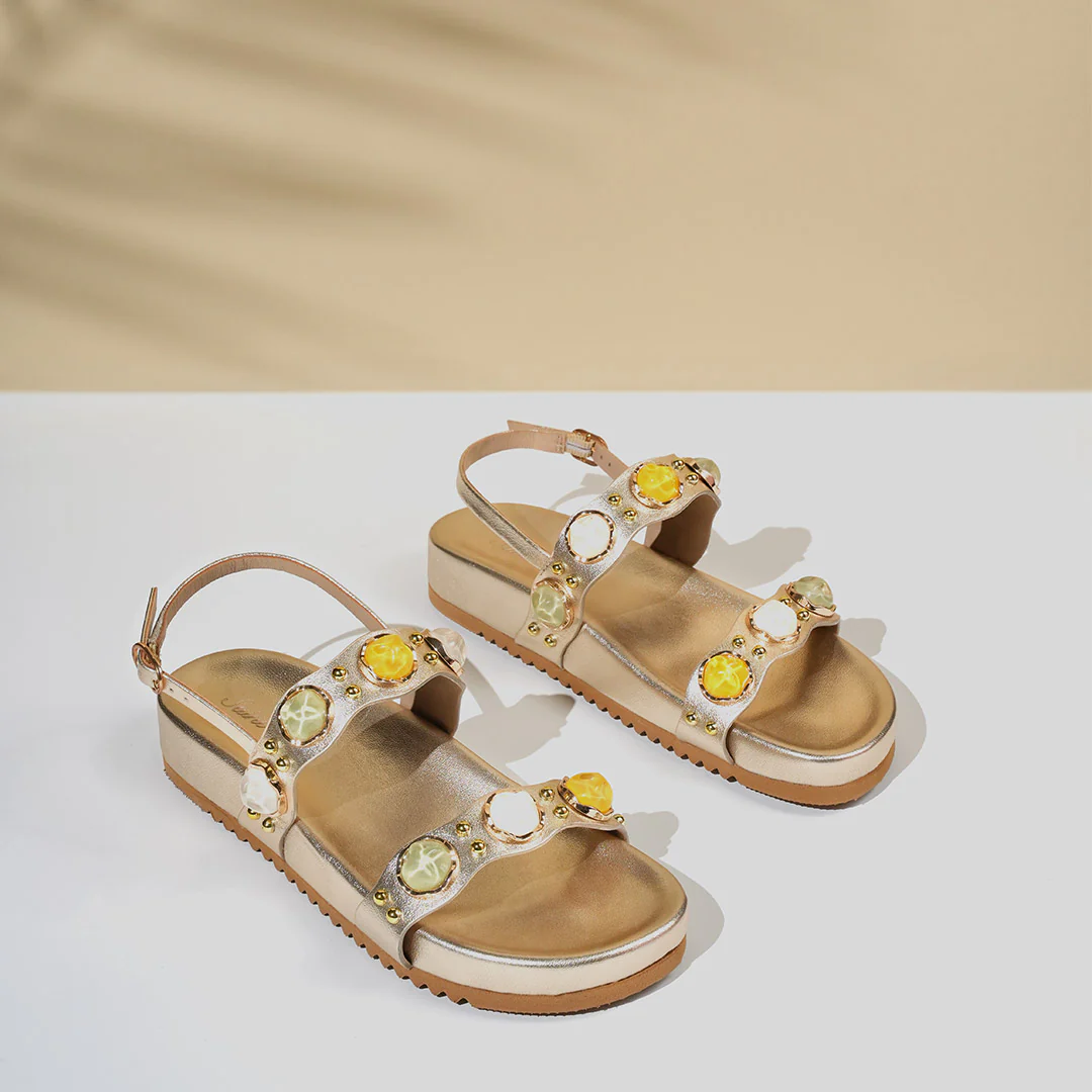 Saint Solira Multi Stone Metallic Gold Leather Footbed Sandals - Image 2