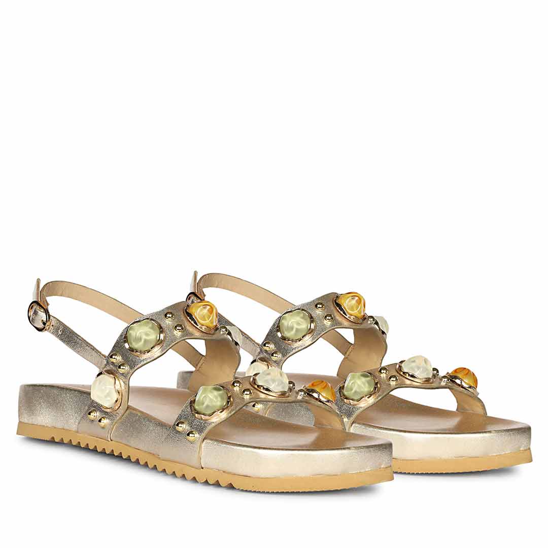 Saint Solira Multi Stone Metallic Gold Leather Footbed Sandals - Image 3