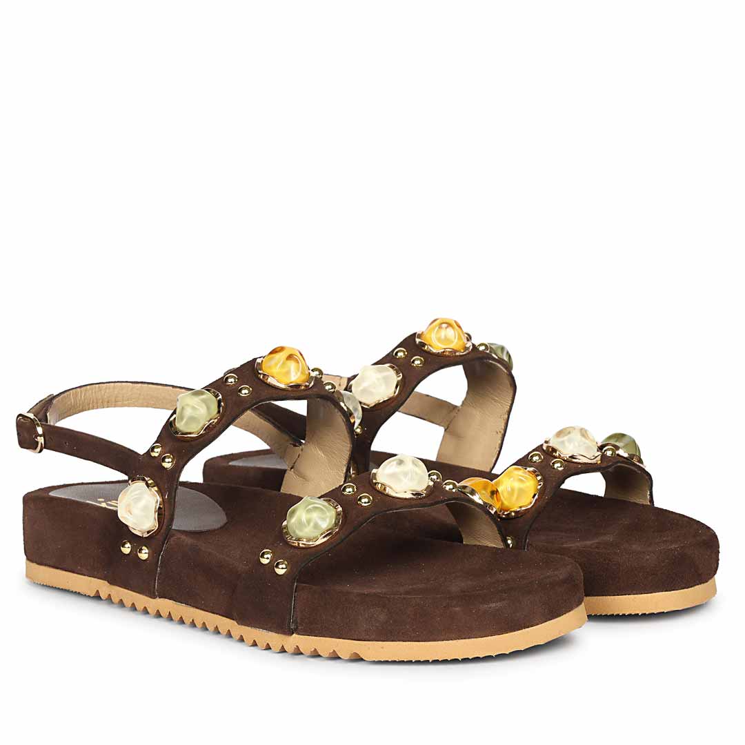 Saint Solira Multi Stone Brown Leather Footbed Sandals - Image 3