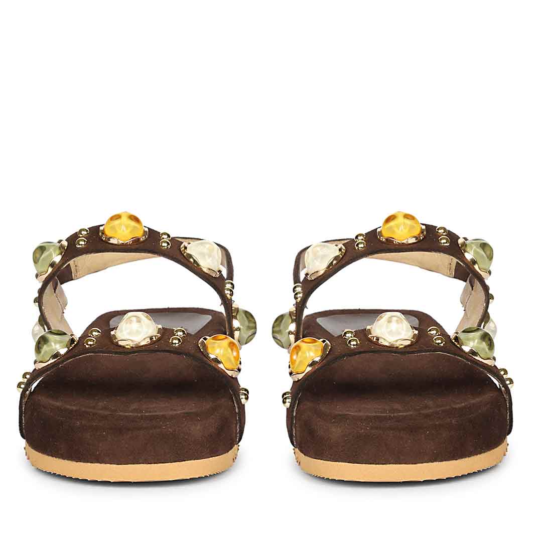 Saint Solira Multi Stone Brown Leather Footbed Sandals - Image 5