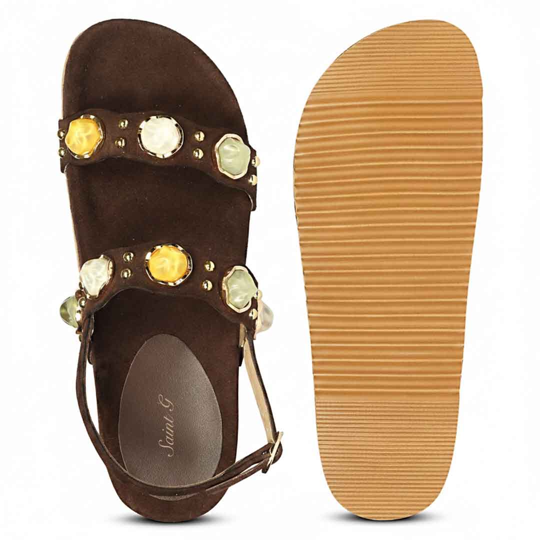 Saint Solira Multi Stone Brown Leather Footbed Sandals - Image 8