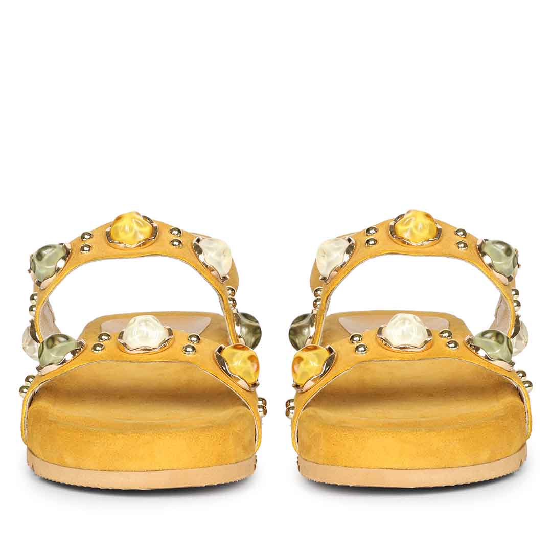 Saint Solira Multi Stone Mustard Leather Footbed Sandals - Image 5
