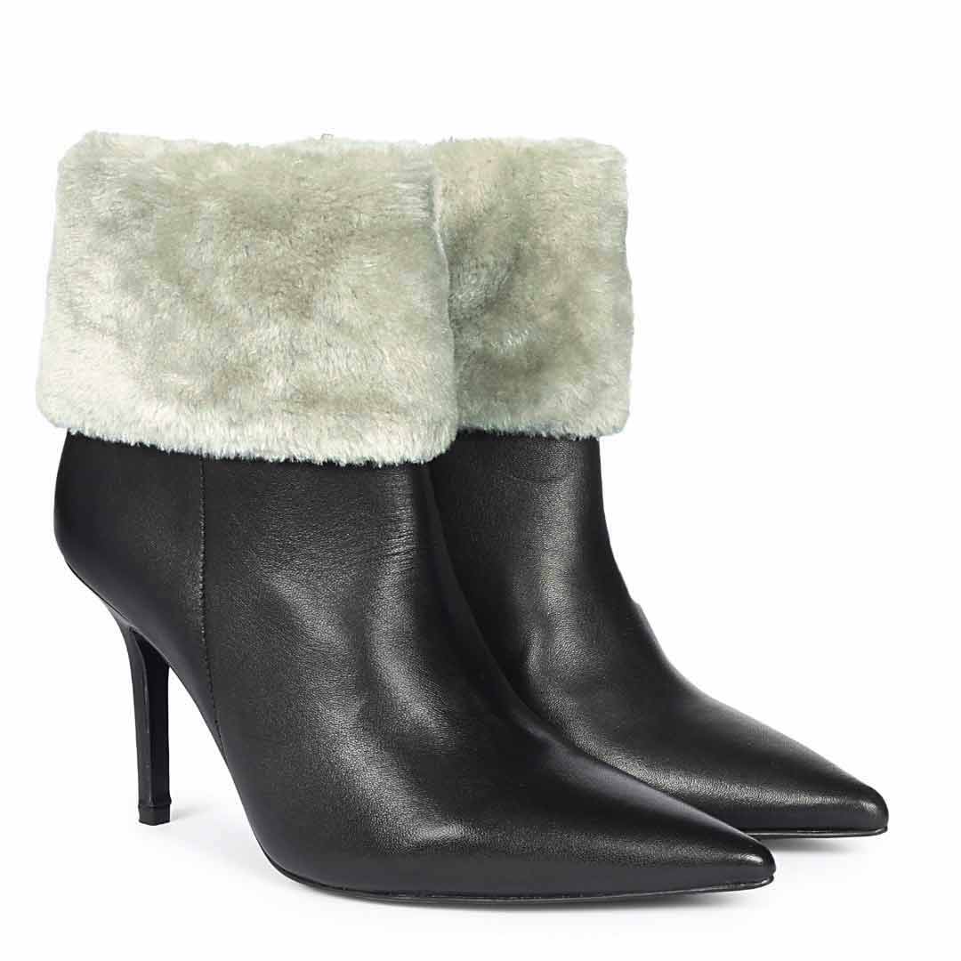 Saint Solveig Grey Fur Cuff Black Leather Ankle Boots - Image 4