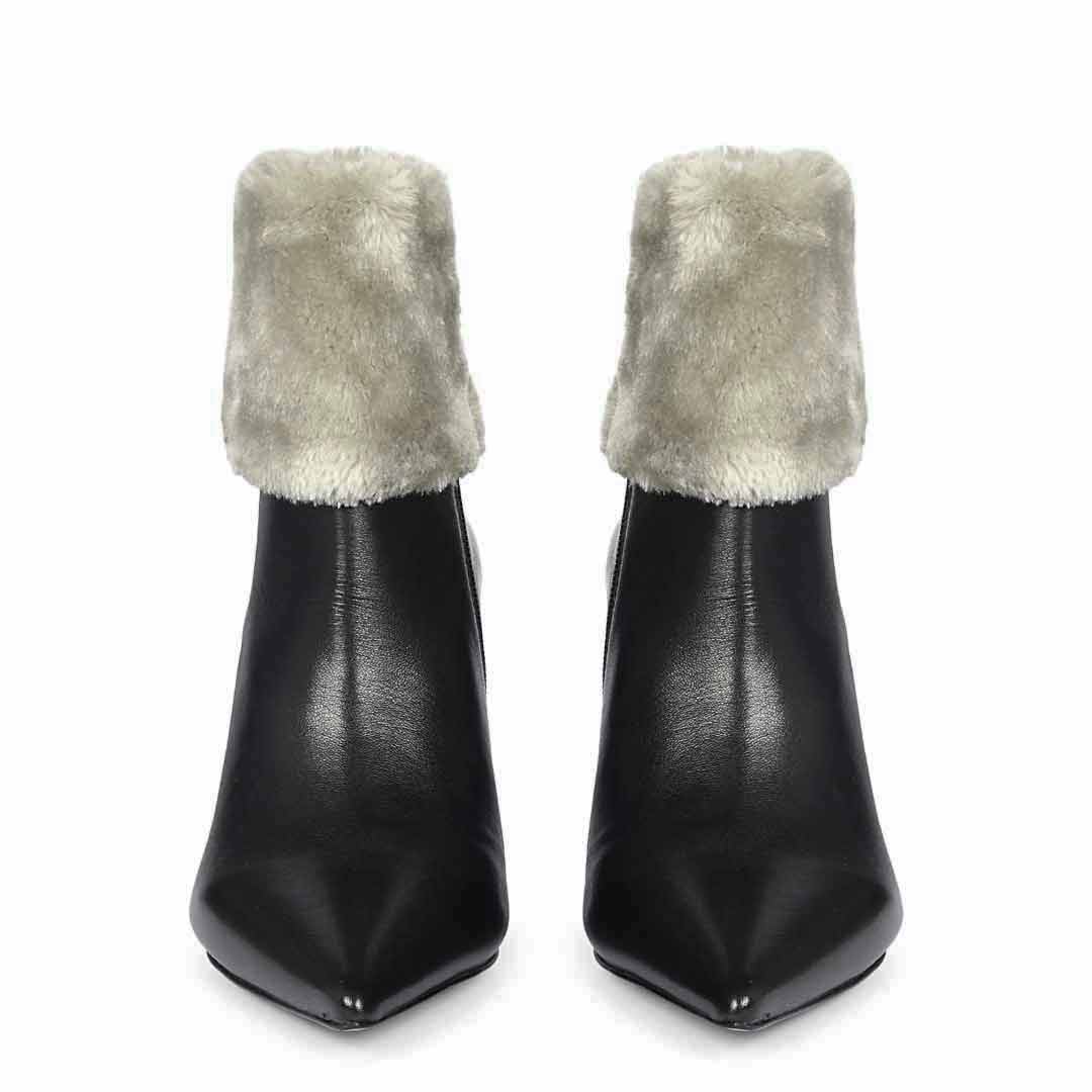Saint Solveig Grey Fur Cuff Black Leather Ankle Boots - Image 5