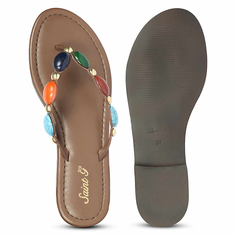 Saint Milira Multi Stone Brown Leather Flats - Image 6