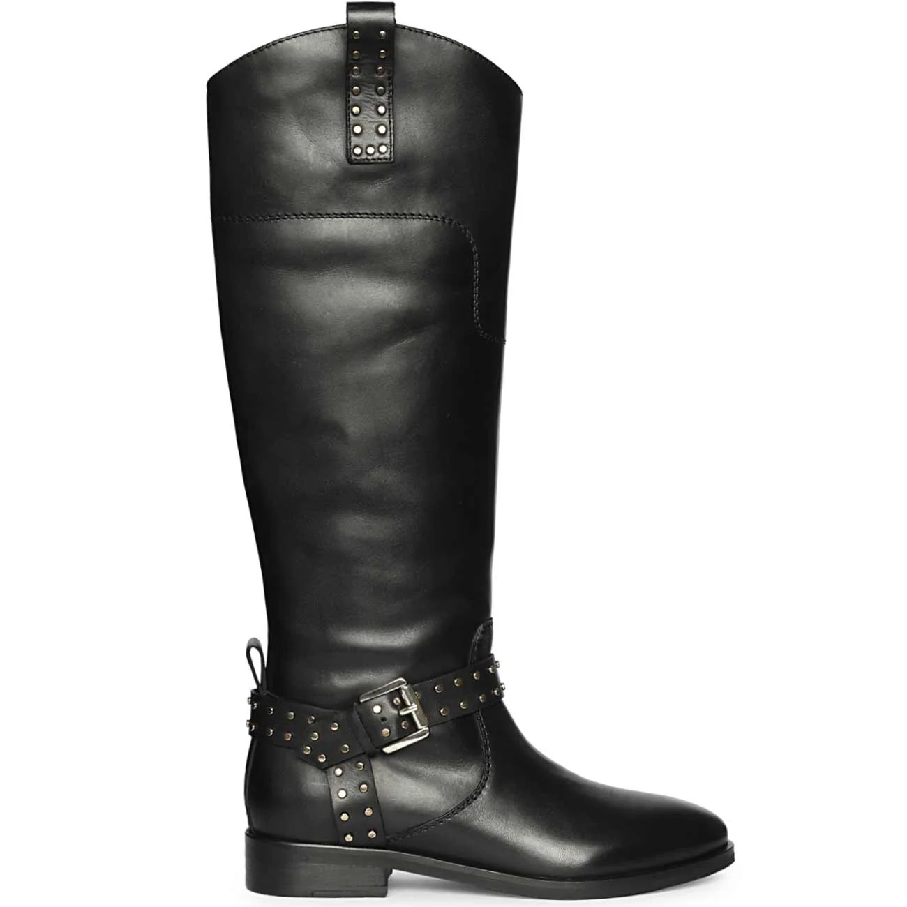 Saint Soraya Studded Buckle Black Leather Long Boots
