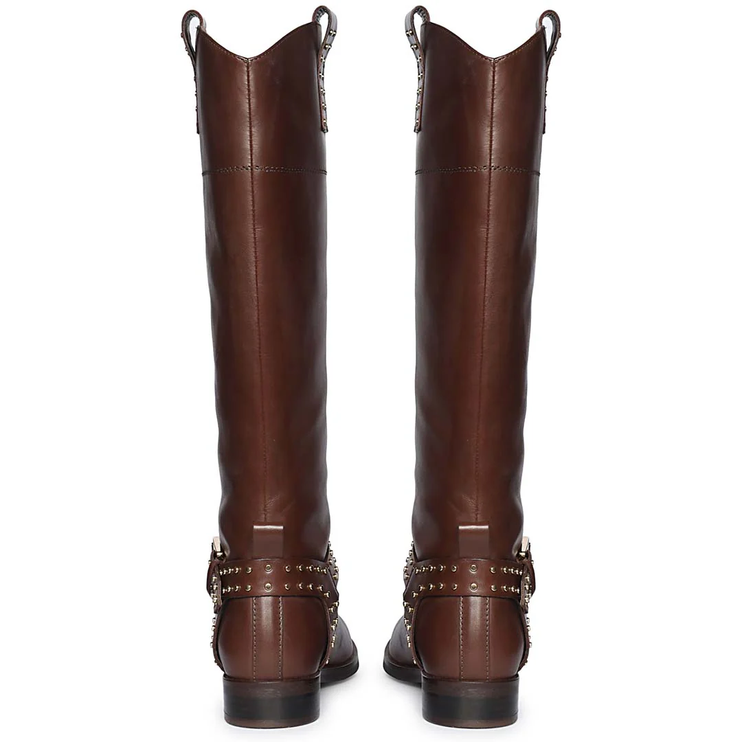 Saint Soraya Studded Buckle Brown Leather Long Boots - Image 5