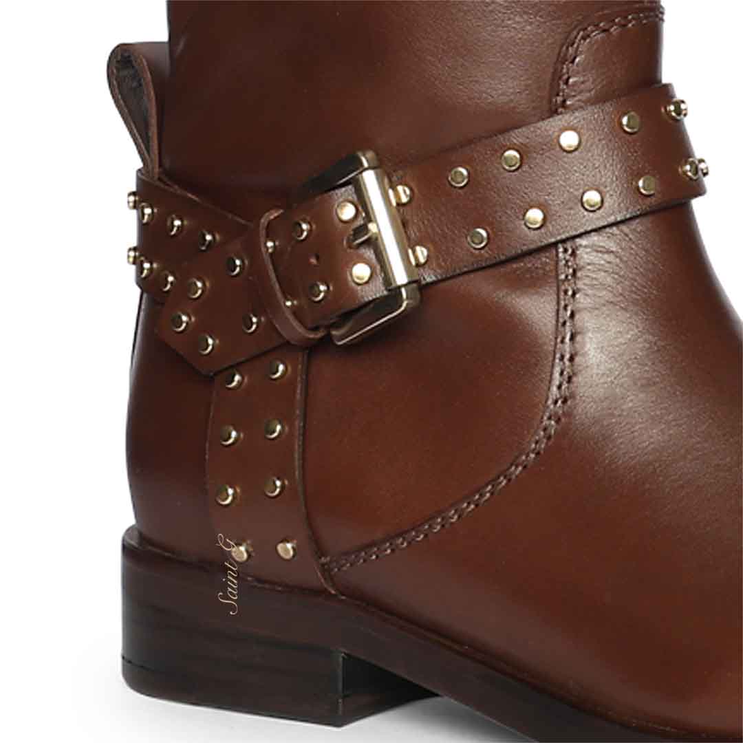 Saint Soraya Studded Buckle Brown Leather Long Boots - Image 7