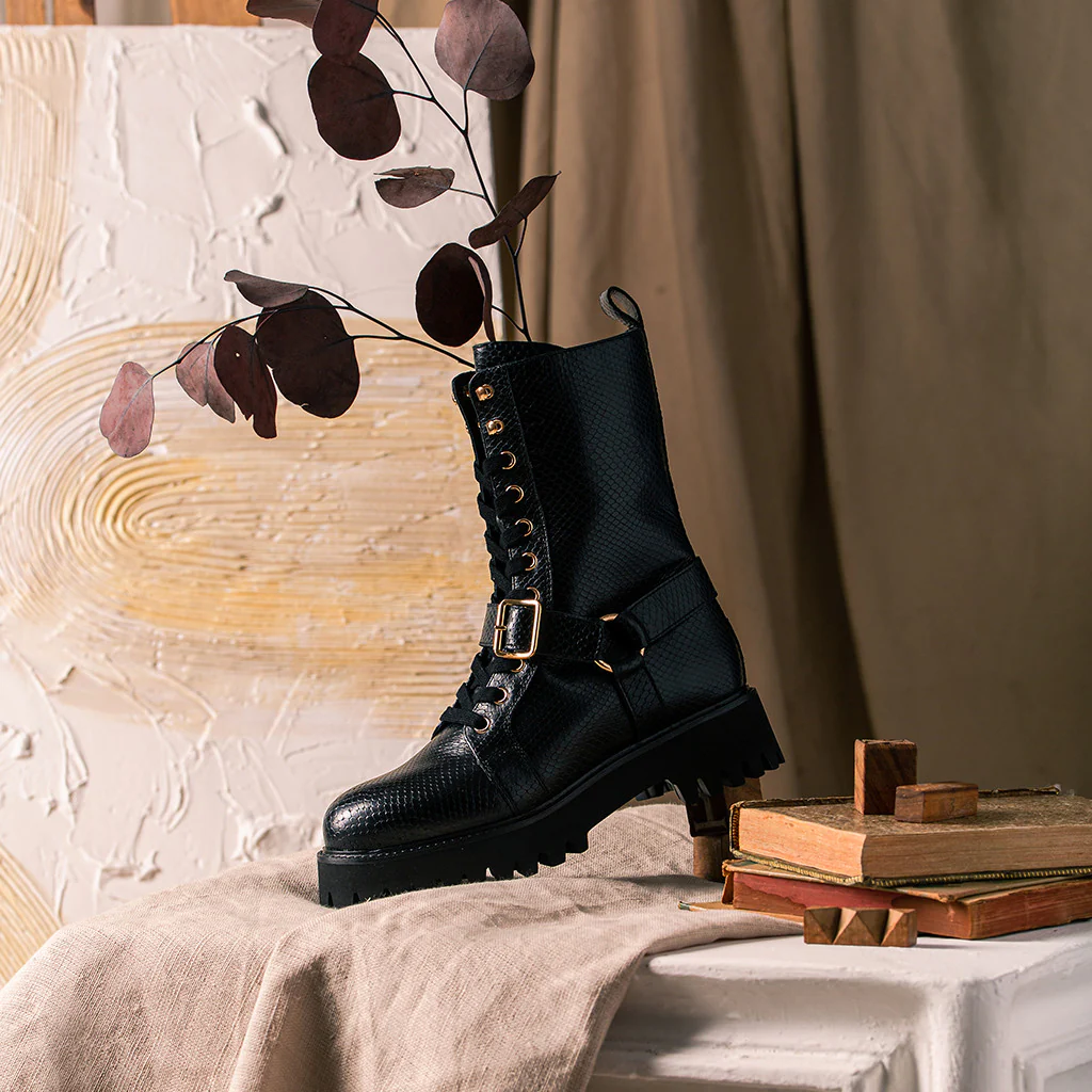 Saint Cyrilo Black Snake Print Leather High Ankle Boots - Image 9