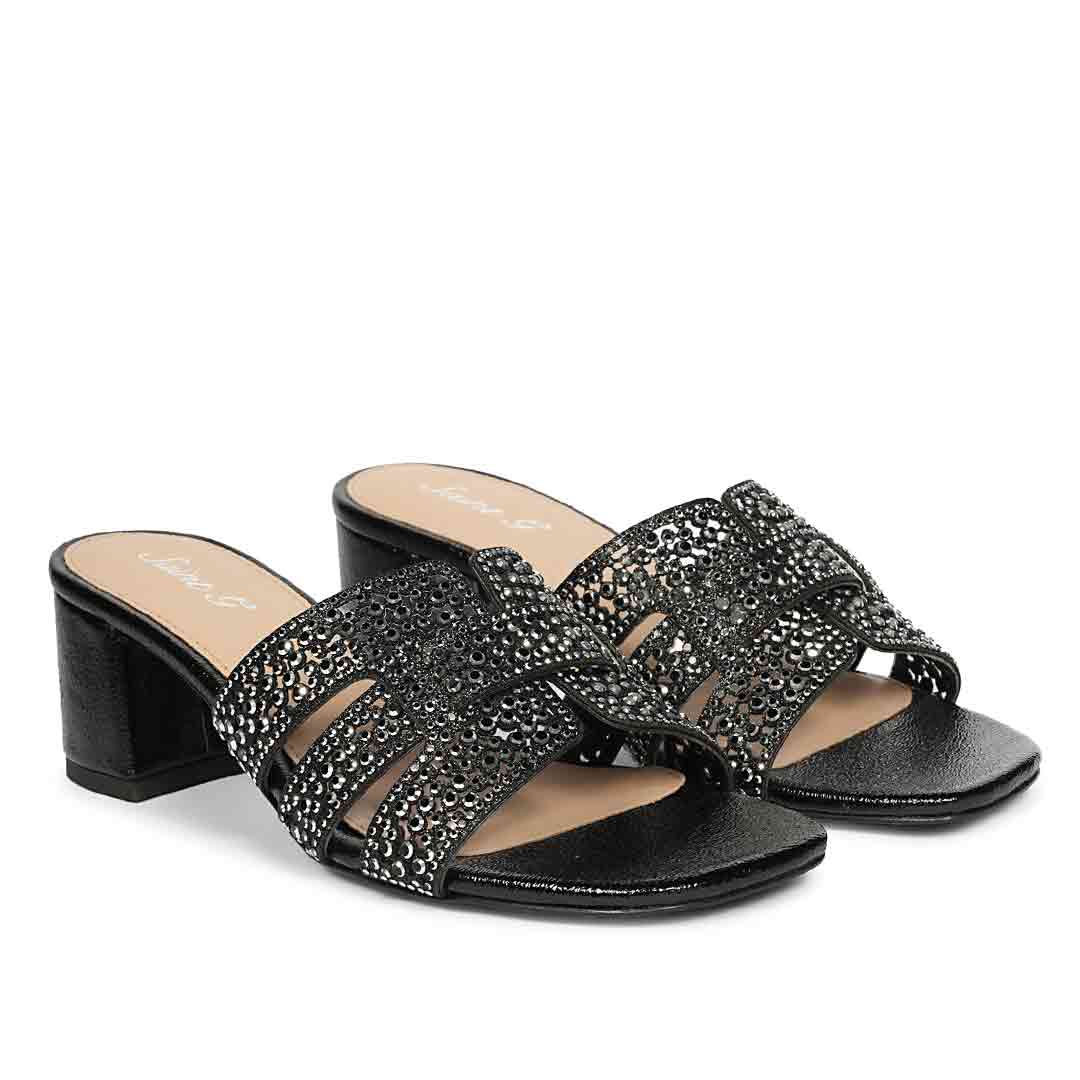 Saint Stevie Crystal Black Leather Block Heels - Image 2