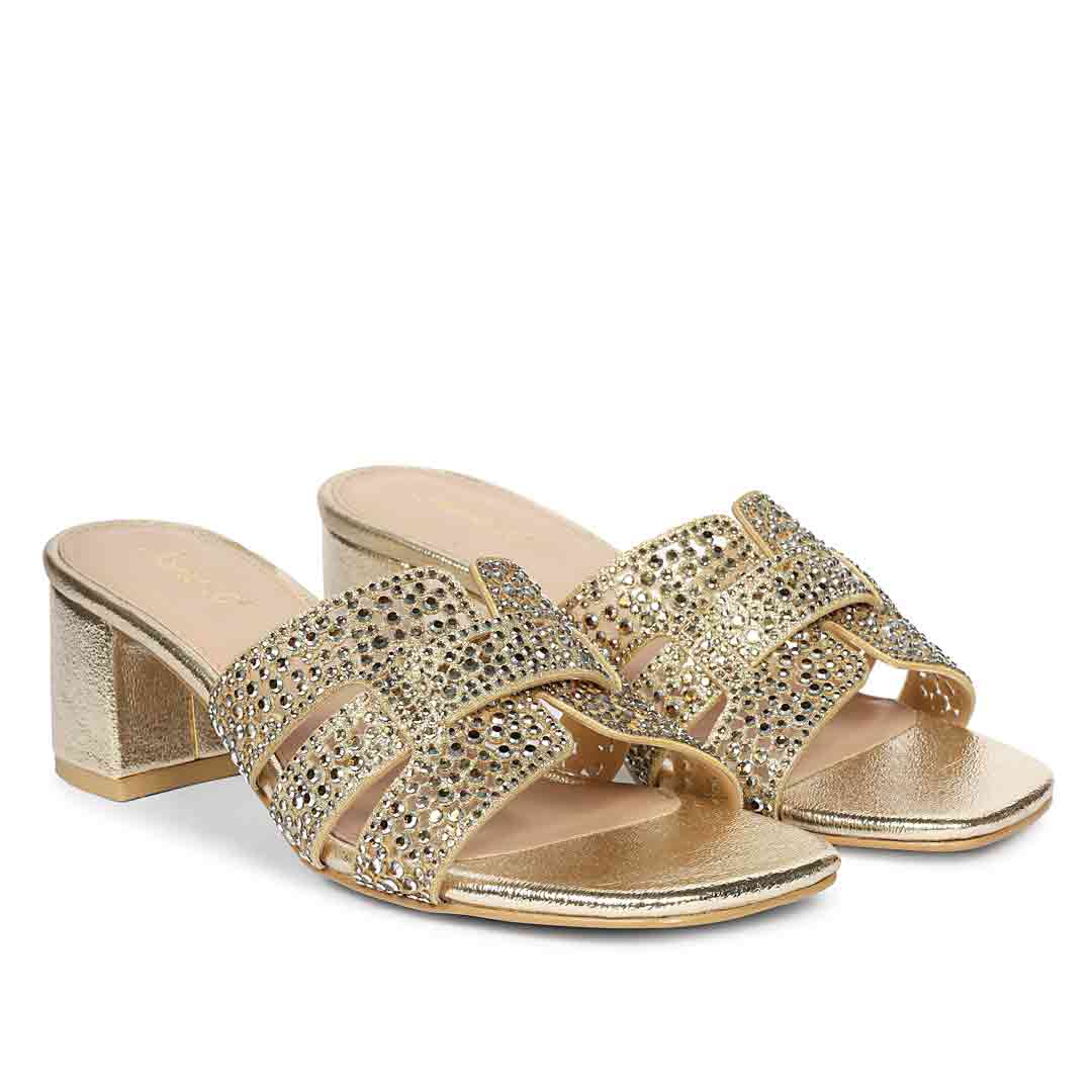 Saint Stevie Crystal Gold Leather Block Heels - Image 2