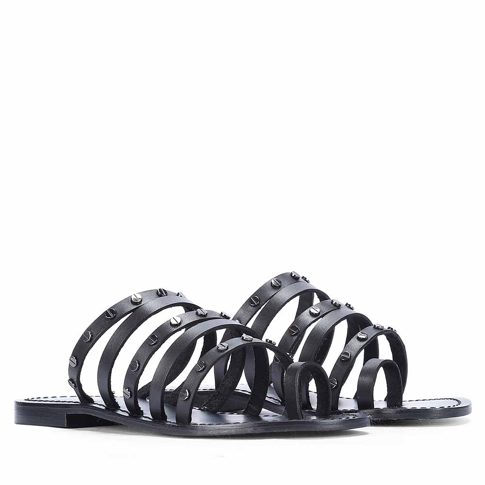Saint Suri Metal Studded Multi-Strap Leather Flats Sandals - Image 2