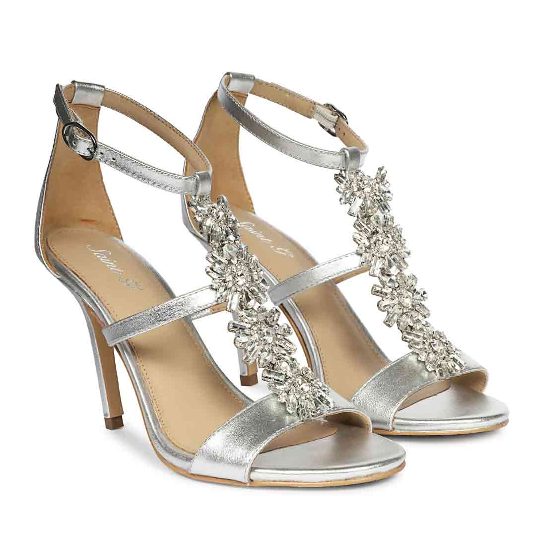 Saint Sydney Crystal Stone Metallic Silver Leather Stilettos - Image 3