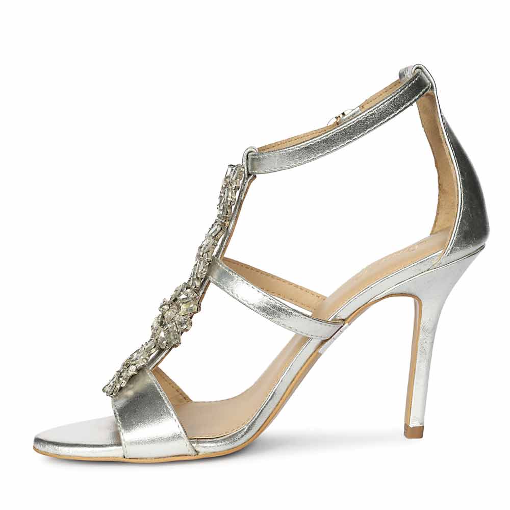 Saint Sydney Crystal Stone Metallic Silver Leather Stilettos - Image 4